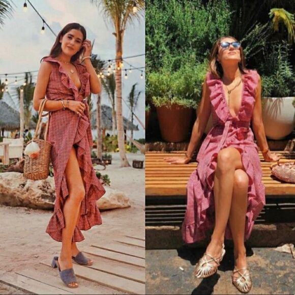 MISA Los Angeles Stella Gingham-Print Draped Ruffle Midi Wrap Dress Pink - Picture 7 of 16